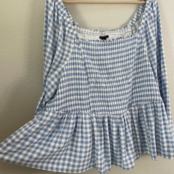 TORRID Womens Plus 4X Smocked Bodice Long Sleeve Blouse Gingham Blue Peplum Top - Picture 7 of 8